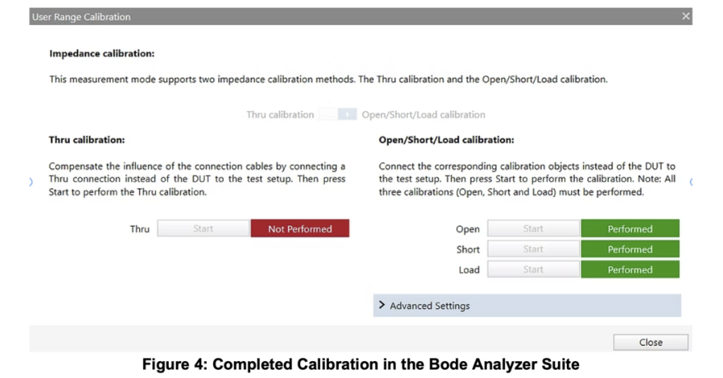 Completed Open/Short/Load impedance calibration in the Bode Analyzer Suite
